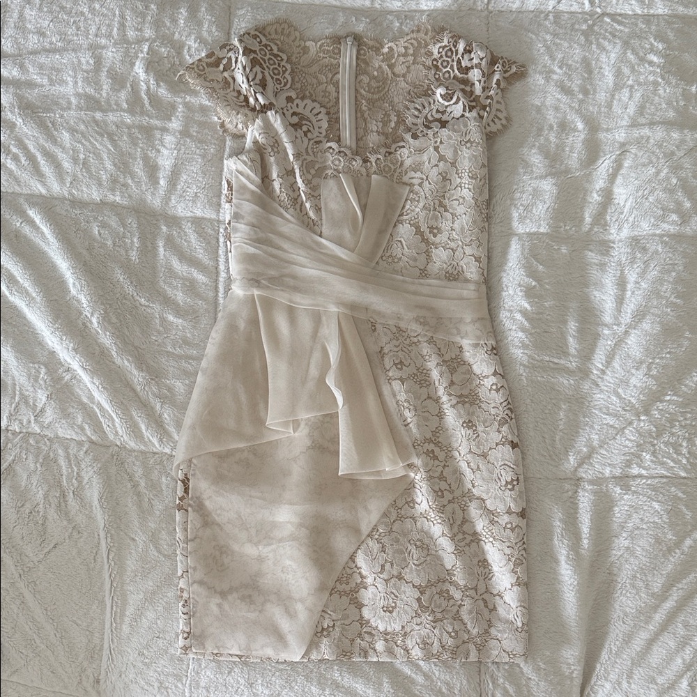 Marchesa Cream Asymmetrical Lace Dress